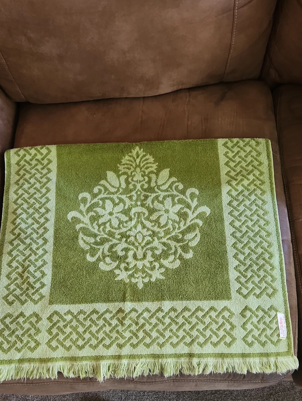 Vintage St Marys Bath Towel Green MCM Retro 2 tone Greens USA